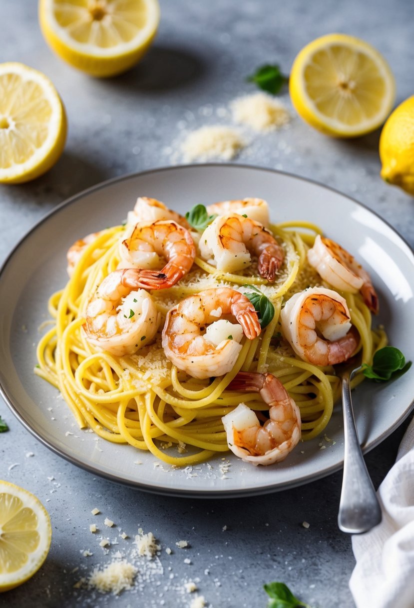 A plate of Lemon Garlic Parmesan Shrimp Pasta with a side of fresh lemon slices and a sprinkle of parmesan cheese