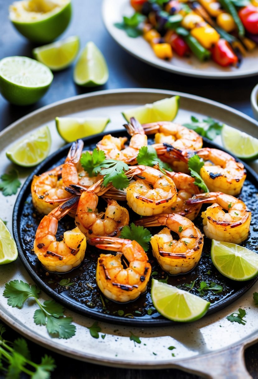 A sizzling platter of grilled tequila-lime shrimp, surrounded by slices of fresh lime, a sprinkle of cilantro, and a side of colorful grilled vegetables