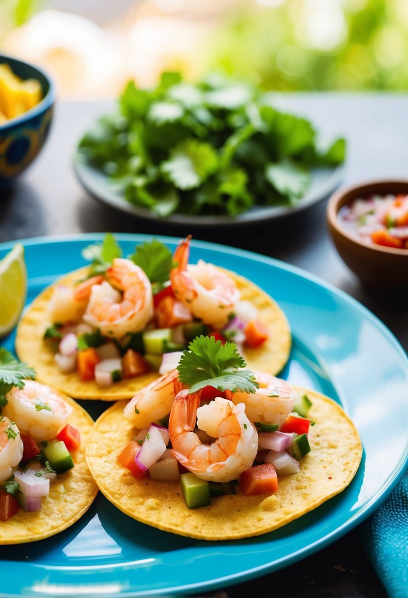 A colorful plate of shrimp ceviche tostadas with fresh vegetables and a side of salsa