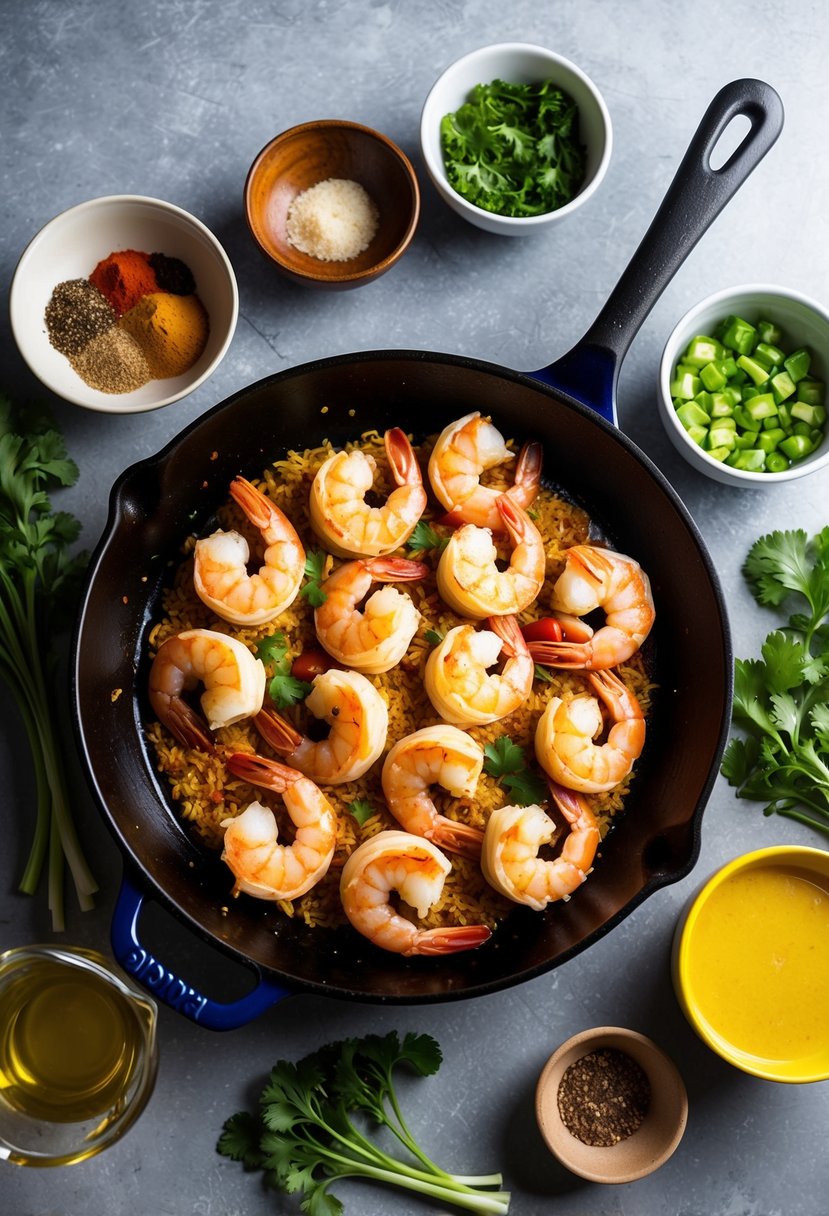 A sizzling skillet of Bang Bang Shrimp surrounded by colorful ingredients and spices, ready to be cooked for a delicious dinner recipe