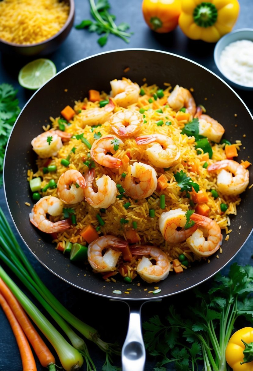 A sizzling wok filled with shrimp fried rice, surrounded by colorful vegetables and garnished with fresh herbs