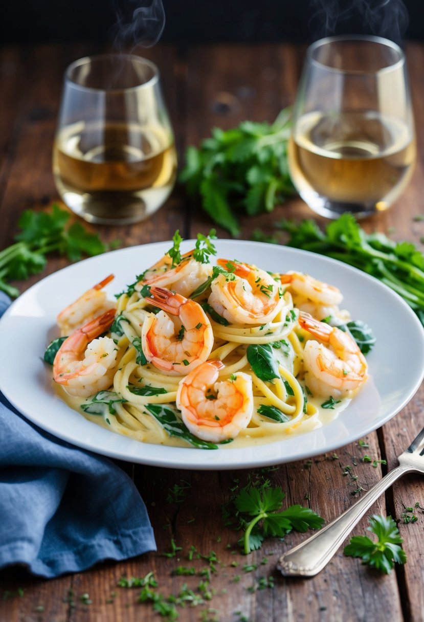 A steaming plate of shrimp alfredo with spinach sits on a rustic wooden table, surrounded by a scattering of fresh herbs and a glass of white wine