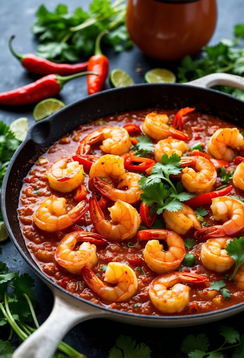 A sizzling skillet of spicy Mexican Camarones a la Diabla with shrimp, simmering in a rich, fiery red sauce, surrounded by vibrant chili peppers and fresh cilantro