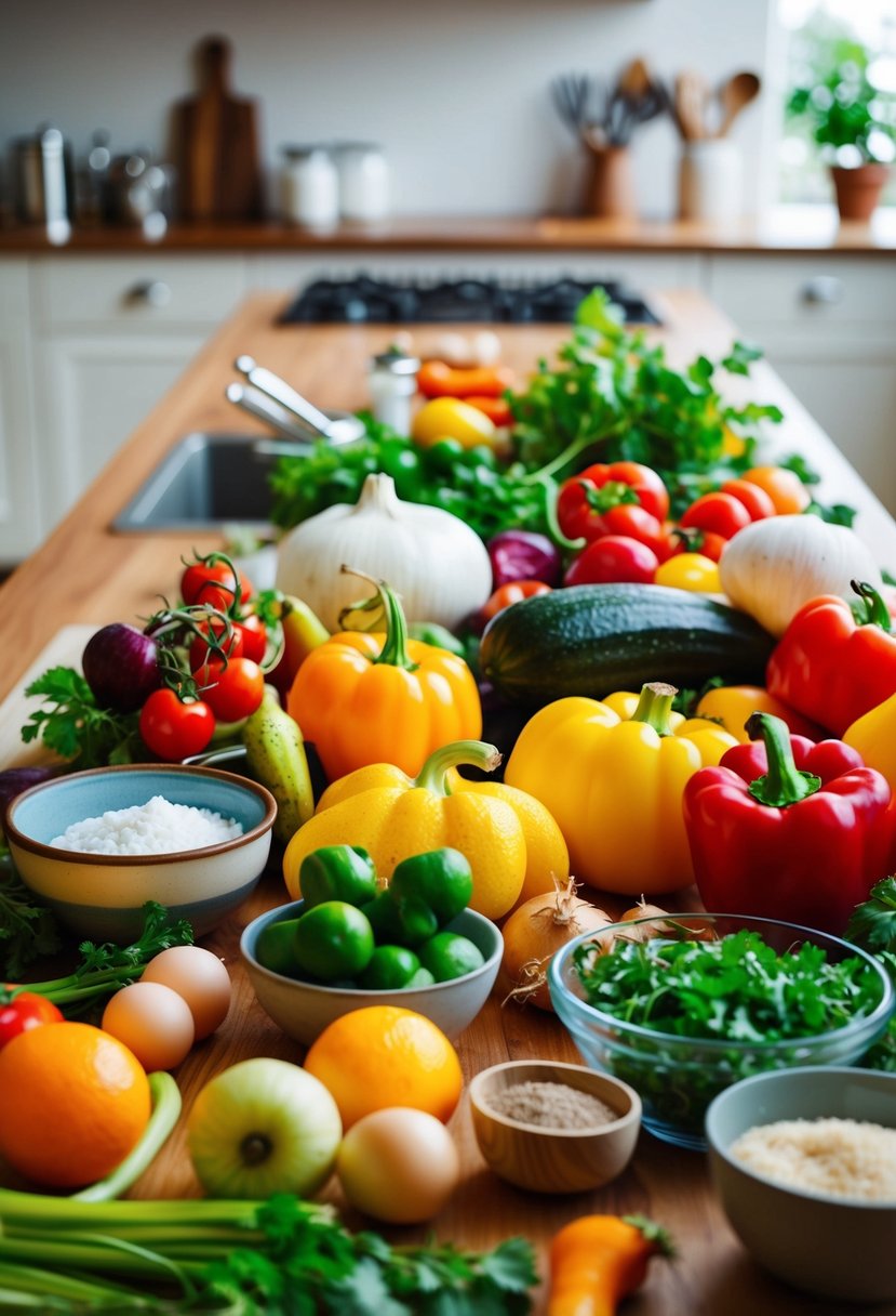 A colorful array of fresh ingredients and kitchen utensils spread out on a wooden countertop