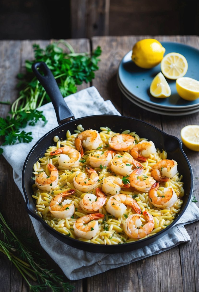 A sizzling pan of baked shrimp and orzo, surrounded by fresh herbs and lemon wedges on a rustic wooden table