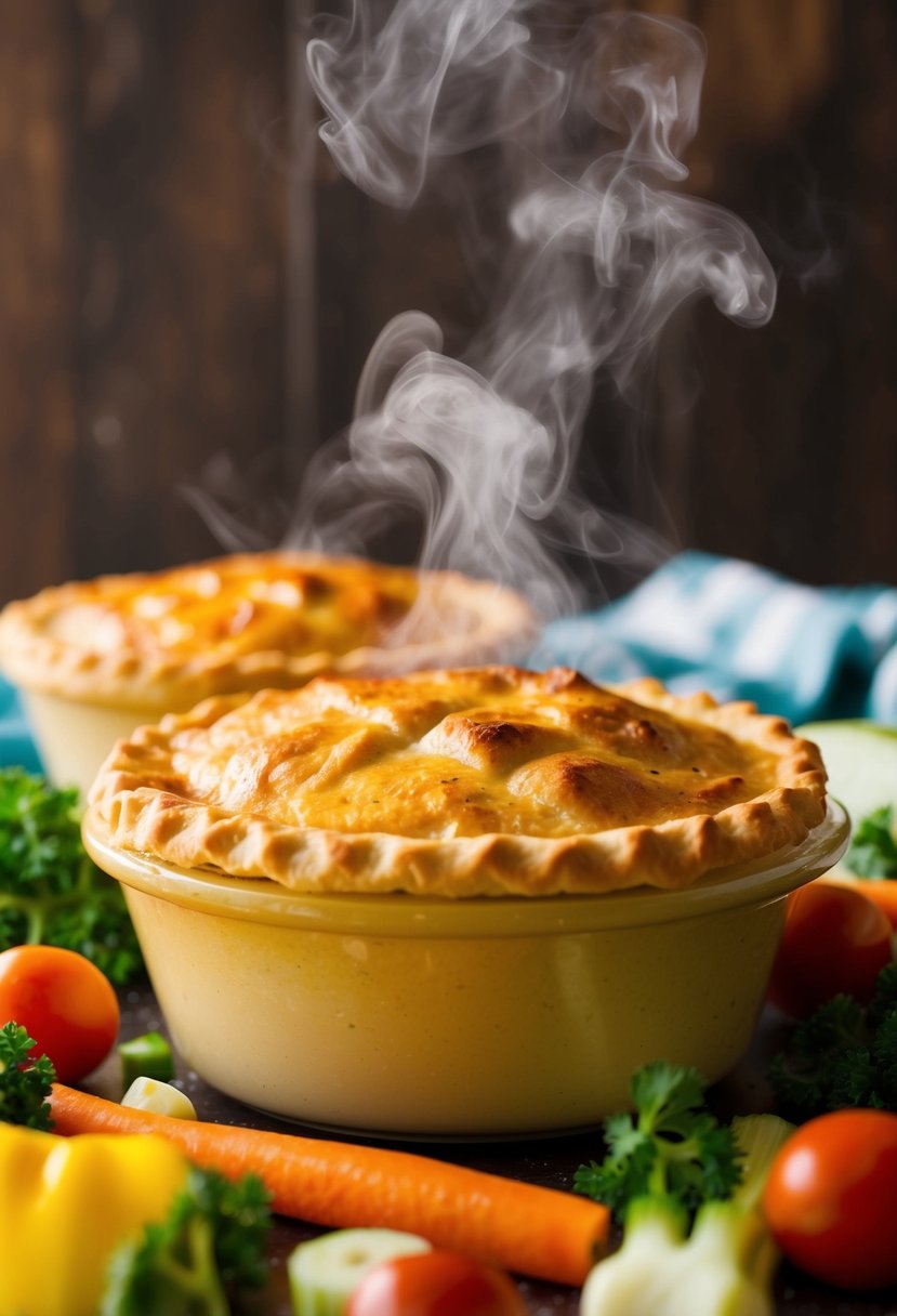 A golden-brown chicken pot pie fresh out of the oven, steam rising from the flaky crust, surrounded by colorful vegetables and a creamy filling