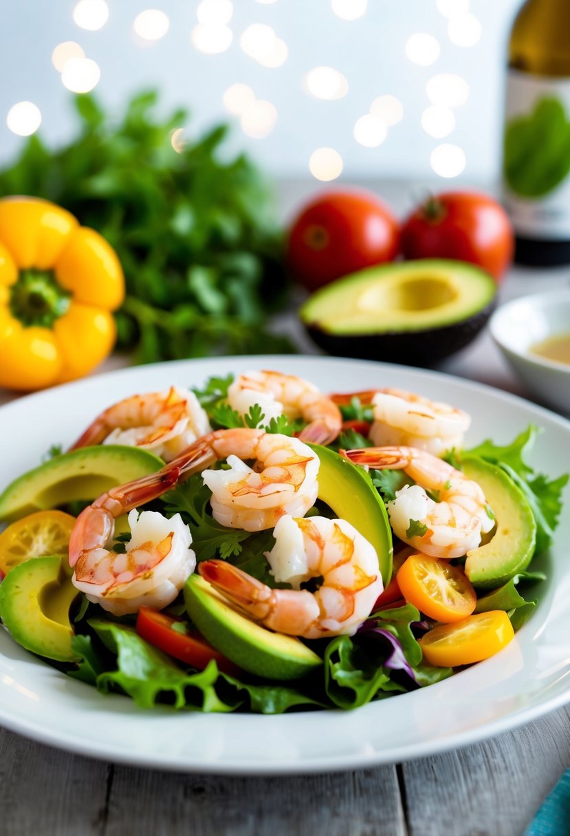 A vibrant shrimp and avocado salad arranged on a white plate with colorful vegetables and a light vinaigrette dressing