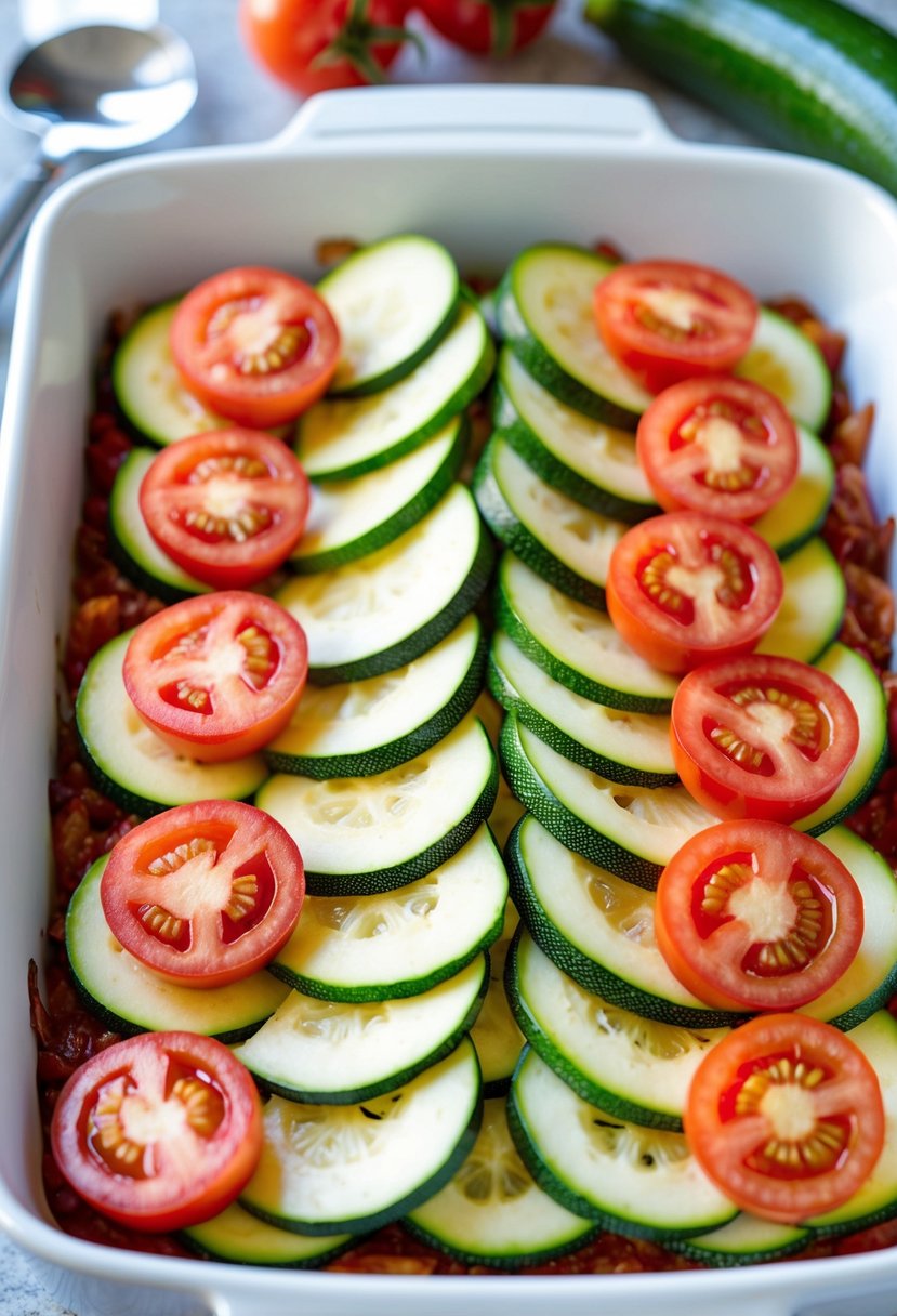 A colorful array of sliced zucchini, tomatoes, and cheese layered in a baking dish, ready to be baked into a delicious zucchini pizza casserole