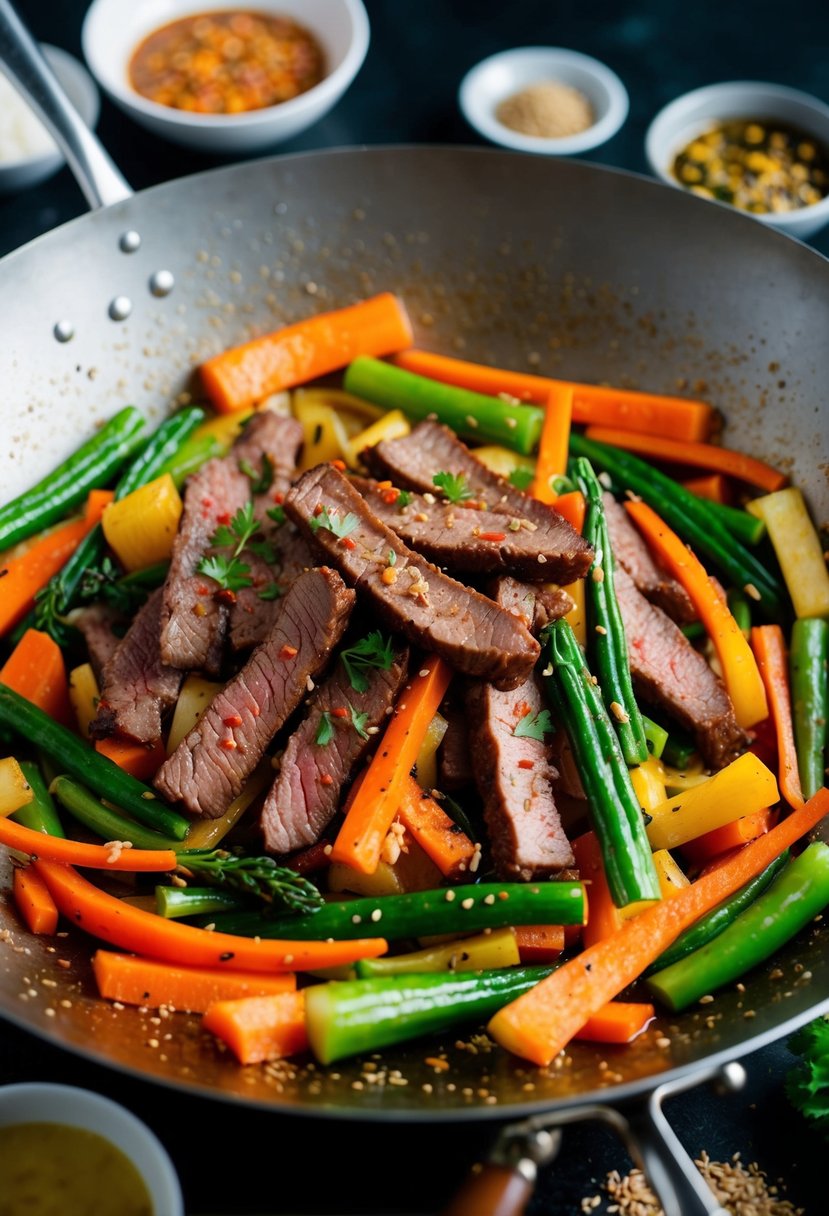 A sizzling wok filled with colorful vegetables and strips of tender beef, surrounded by a variety of seasonings and sauces