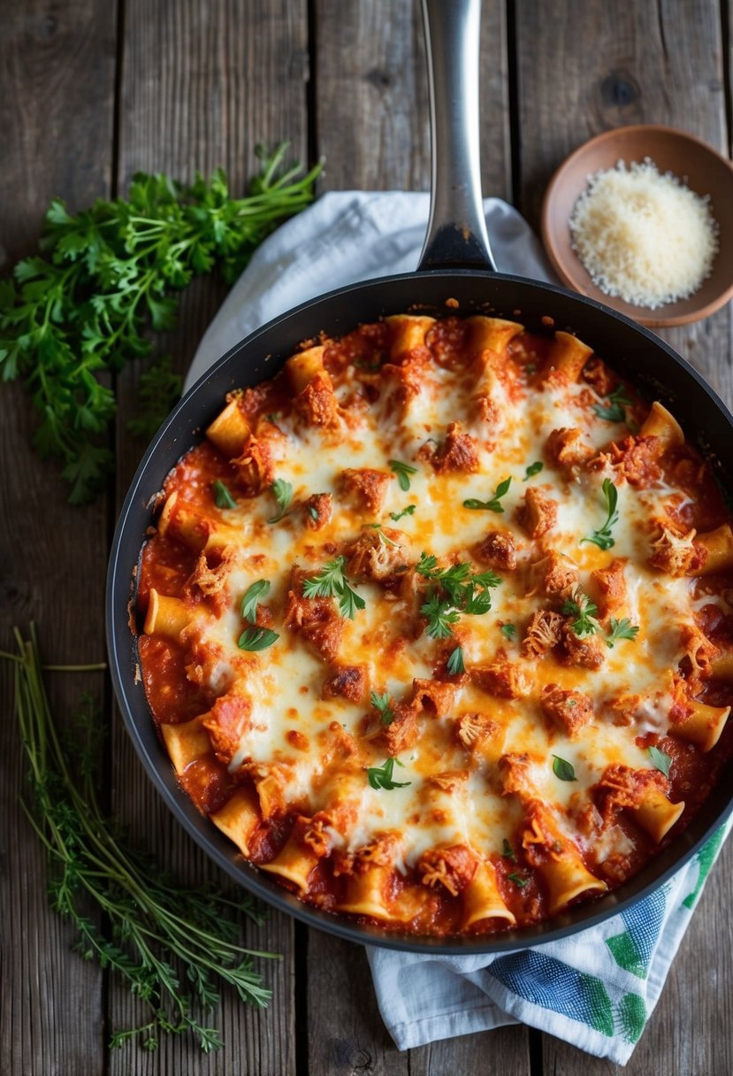 A bubbling pan of classic lasagna sits on a rustic wooden table, surrounded by fresh herbs and a sprinkling of parmesan cheese