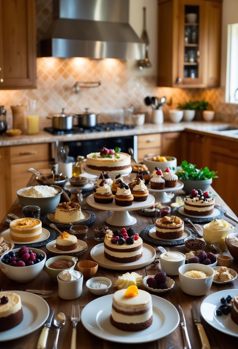 A table filled with an array of decadent dessert recipes, surrounded by various ingredients and utensils, with a warm and inviting kitchen in the background