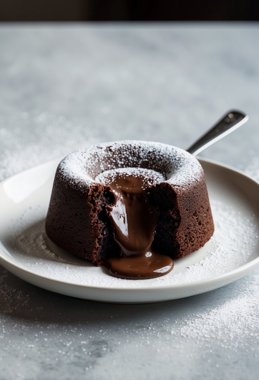 A rich, decadent chocolate lava cake sits on a white plate, oozing with a molten center and dusted with powdered sugar