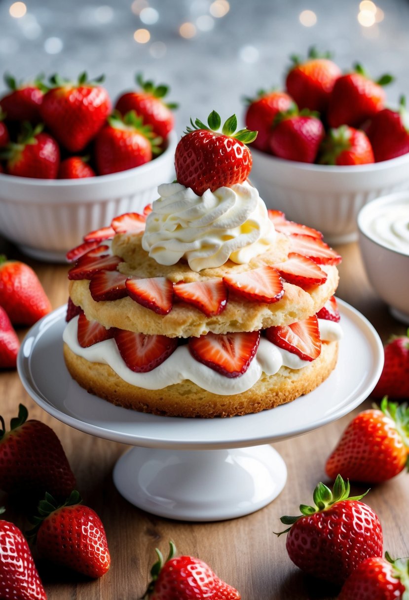 A table set with a freshly baked strawberry shortcake surrounded by bowls of ripe, juicy strawberries and a dollop of whipped cream