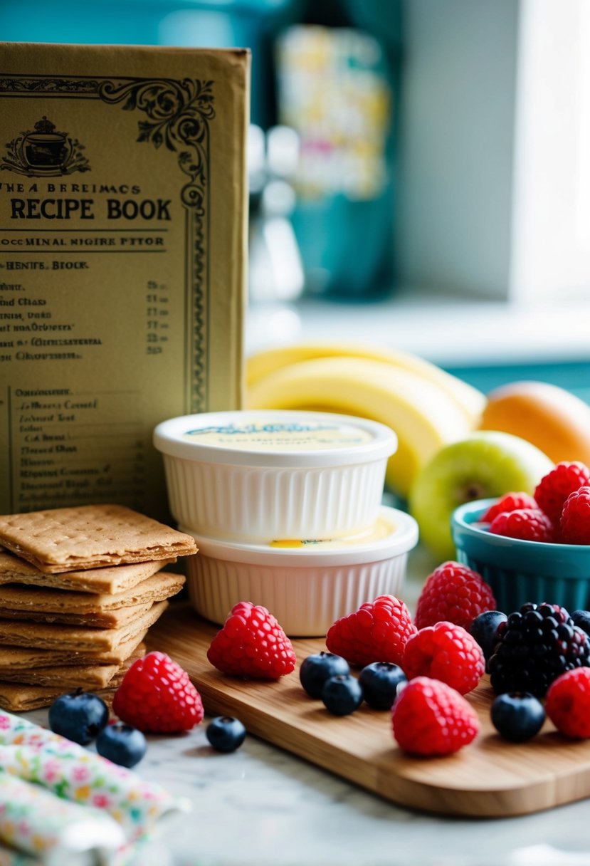 A colorful array of ingredients - cream cheese, graham crackers, and fresh berries - arranged on a kitchen counter beside a vintage recipe book