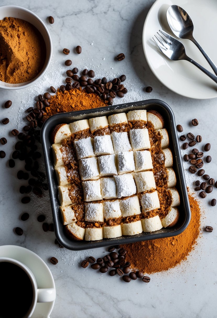 A table set with a tray of tiramisu, surrounded by coffee beans, cocoa powder, and a decorative dusting of powdered sugar