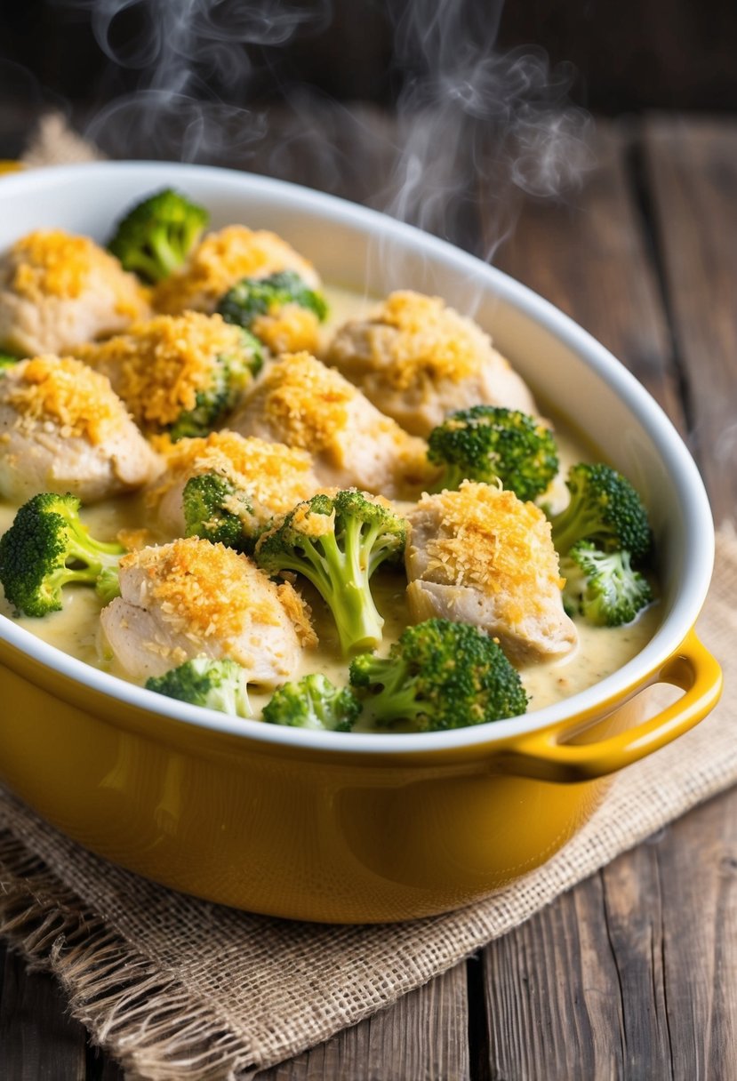 A steaming casserole dish filled with chicken, broccoli, and creamy sauce, topped with golden breadcrumbs, sitting on a rustic wooden table