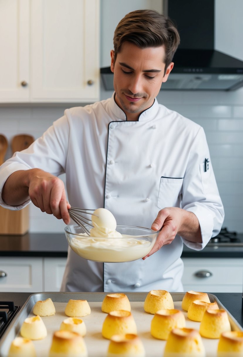 A chef in a clean kitchen, carefully folding egg whites into a creamy mixture, with a tray of soufflés rising in the oven