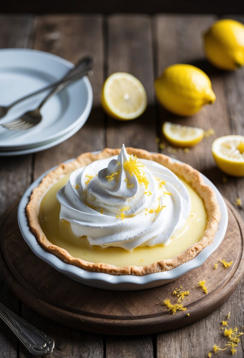 A fresh lemon meringue pie sits on a rustic wooden table, adorned with a dollop of whipped cream and a sprinkle of lemon zest