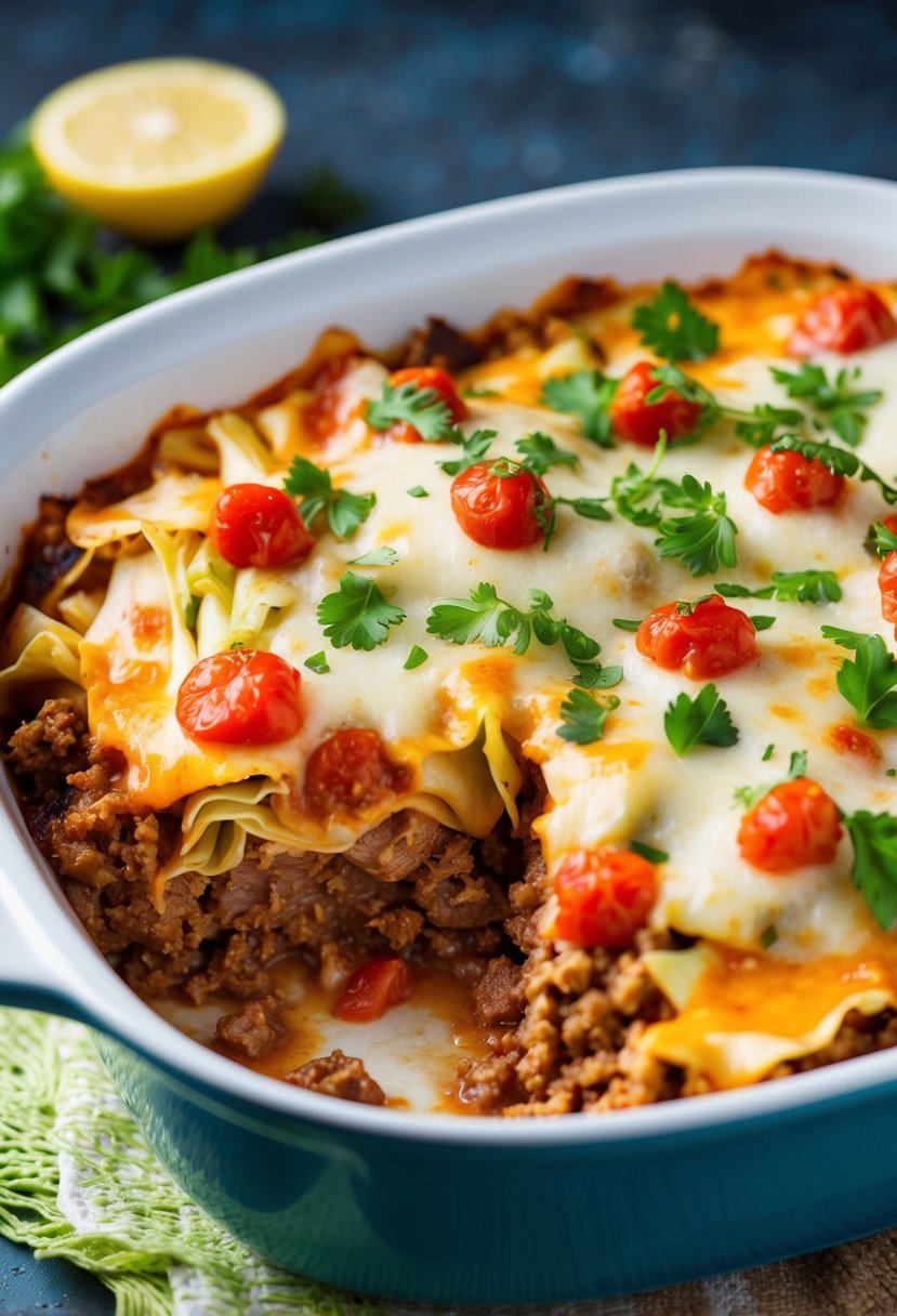 A bubbling casserole dish filled with layers of cabbage, ground meat, and tomato sauce, topped with melted cheese and fresh herbs