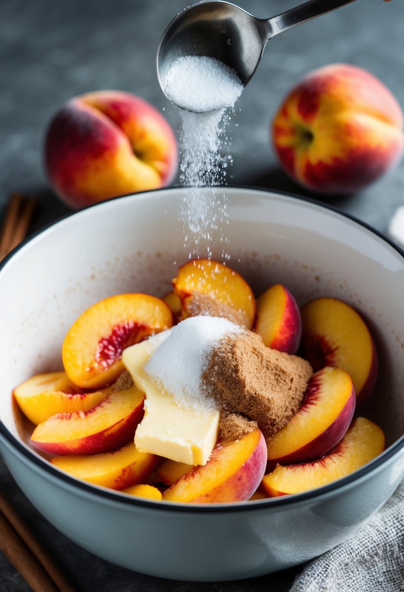 Fresh peaches, cinnamon, and butter in a mixing bowl. A spoonful of sugar being sprinkled over the top