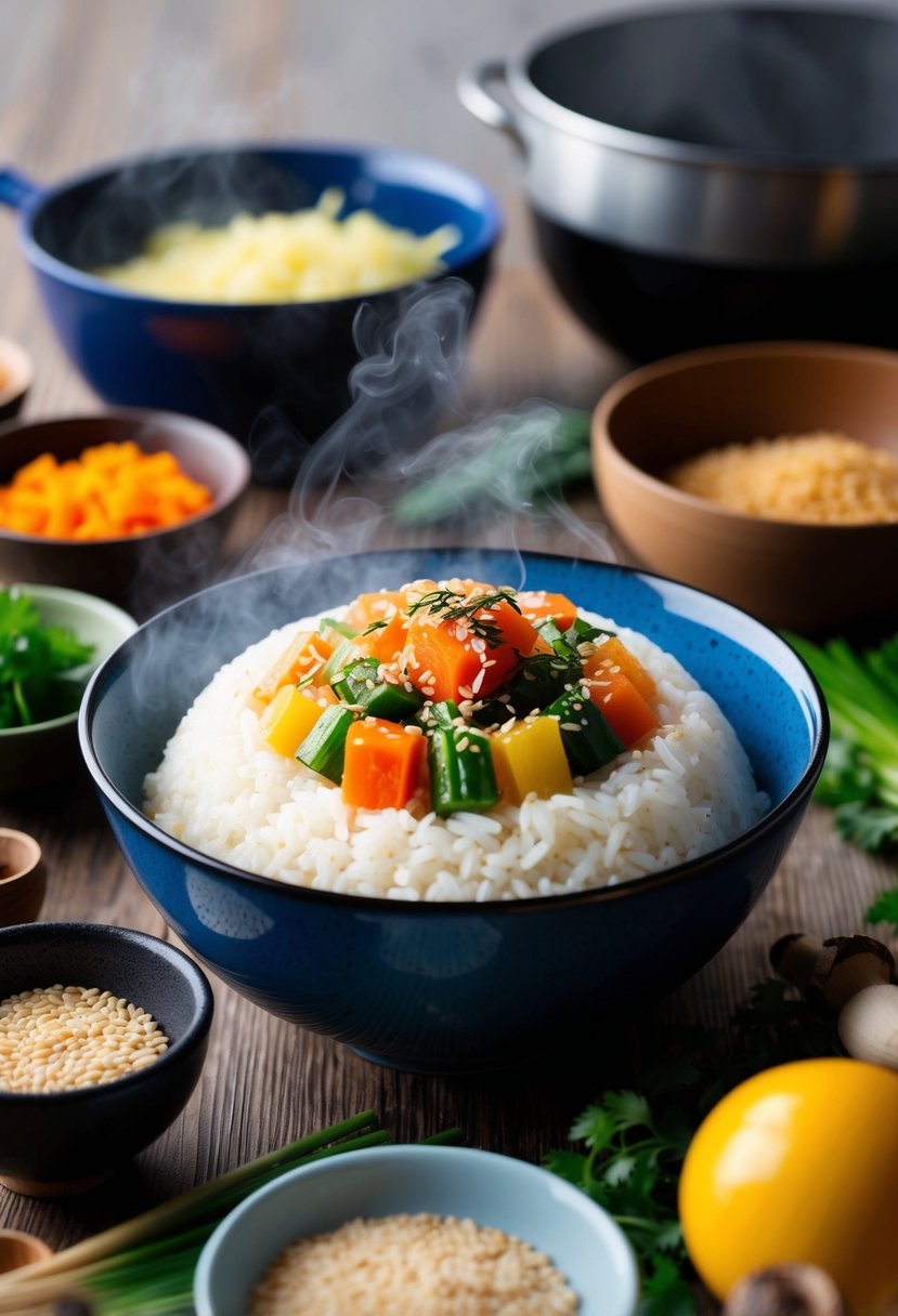 A steaming bowl of soboro rice topped with colorful vegetables and a sprinkle of sesame seeds, surrounded by various cooking ingredients and utensils