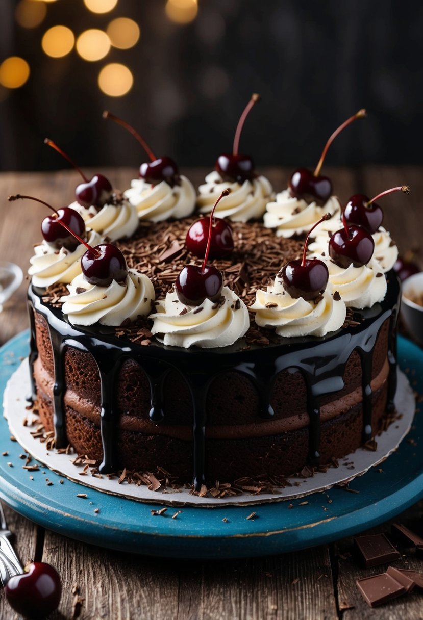 A rich, decadent Black Forest Cake sits on a rustic wooden table, adorned with whipped cream, chocolate shavings, and a cherry on top