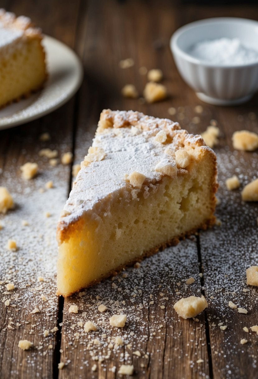 A slice of New Jersey Crumb Cake sits on a rustic wooden table, surrounded by scattered crumbs and a dusting of powdered sugar