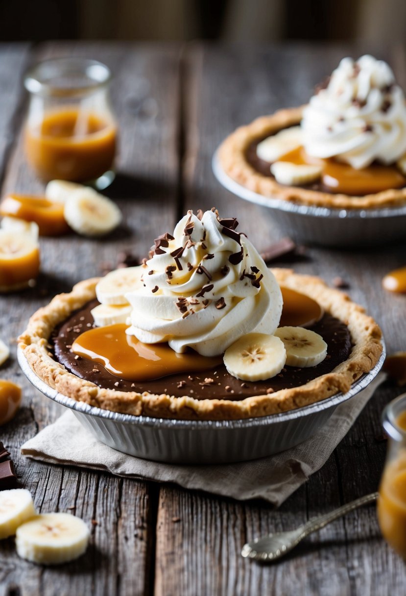 A Banoffee Pie sits on a rustic wooden table, topped with whipped cream and chocolate shavings, surrounded by scattered banana slices and toffee sauce