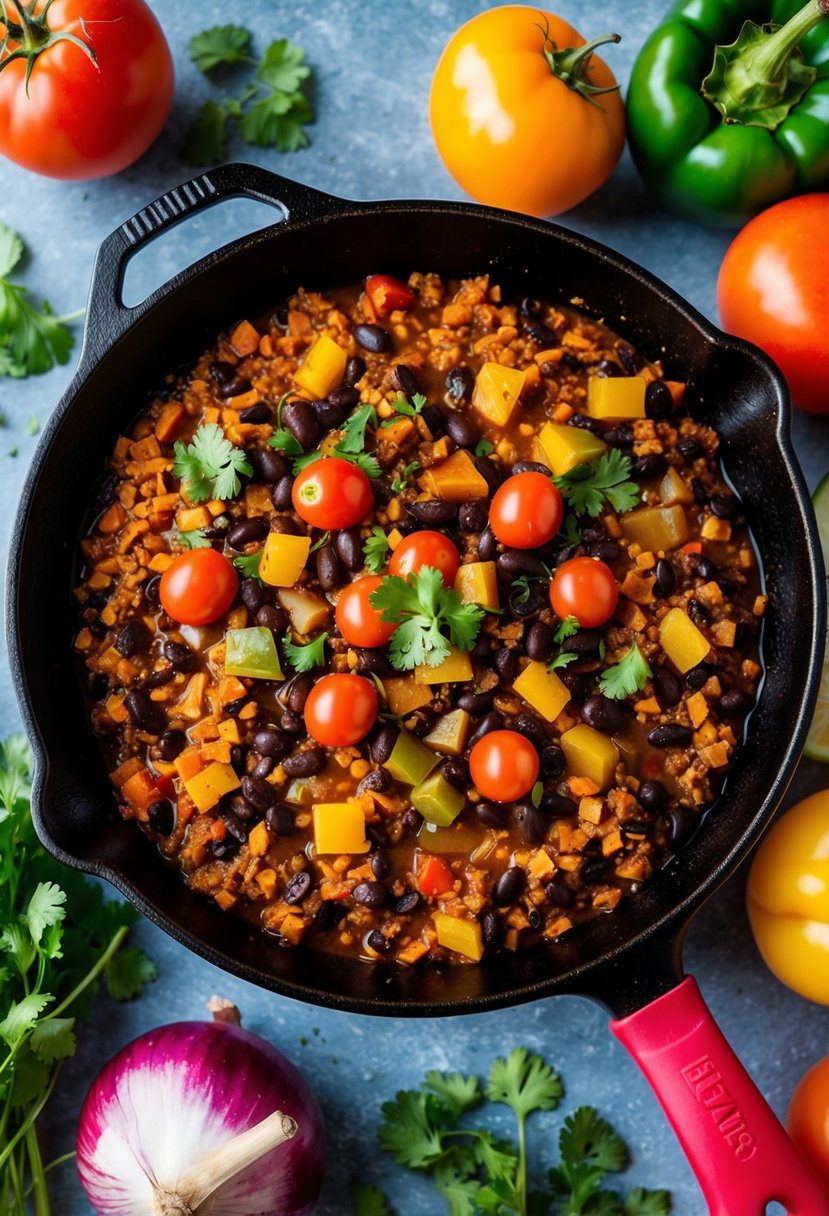 A colorful skillet filled with black bean picadillo, surrounded by vibrant ingredients like tomatoes, bell peppers, and onions