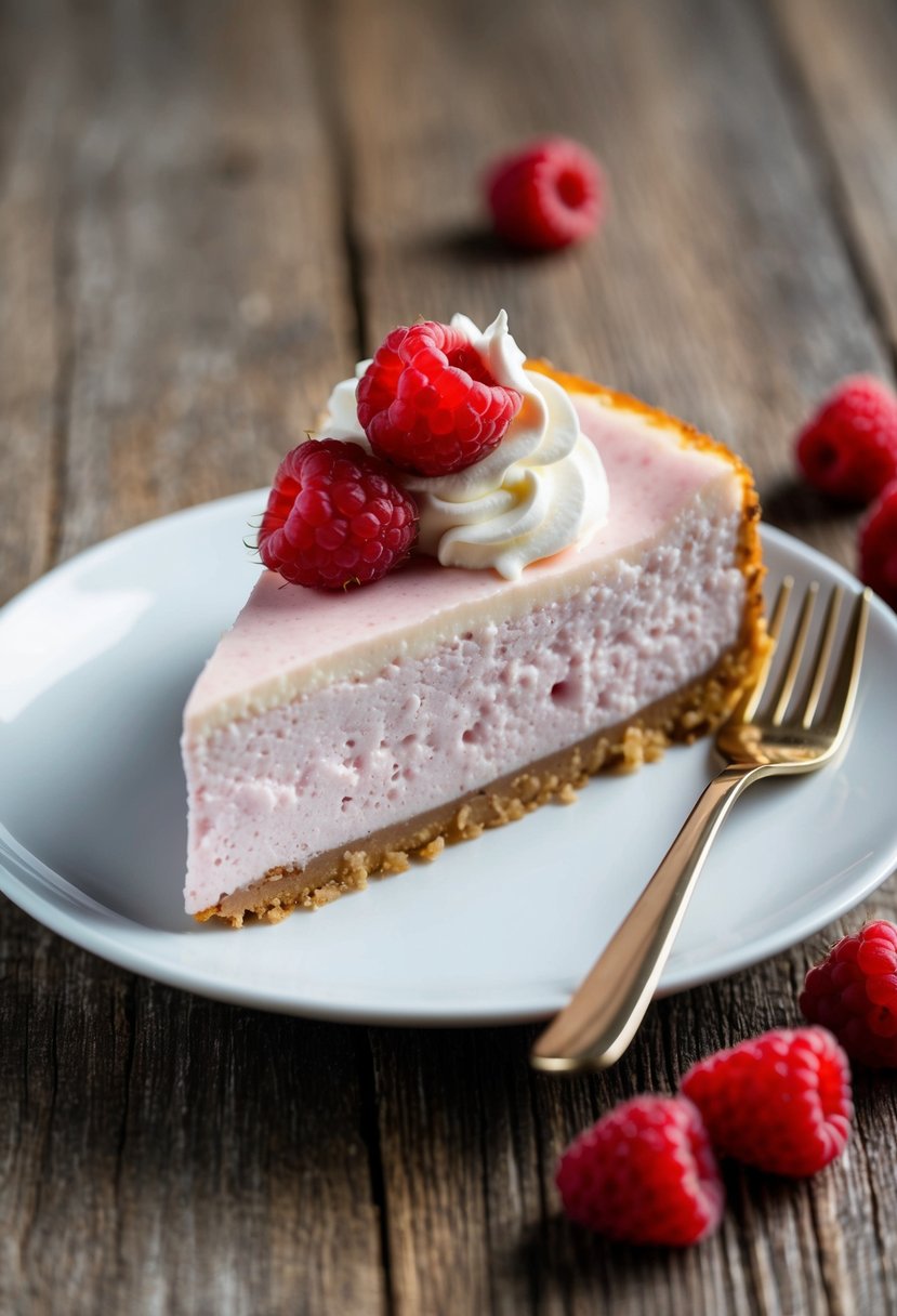 A slice of raspberry cheesecake on a white plate with a dollop of whipped cream and fresh raspberries on top, set on a rustic wooden table