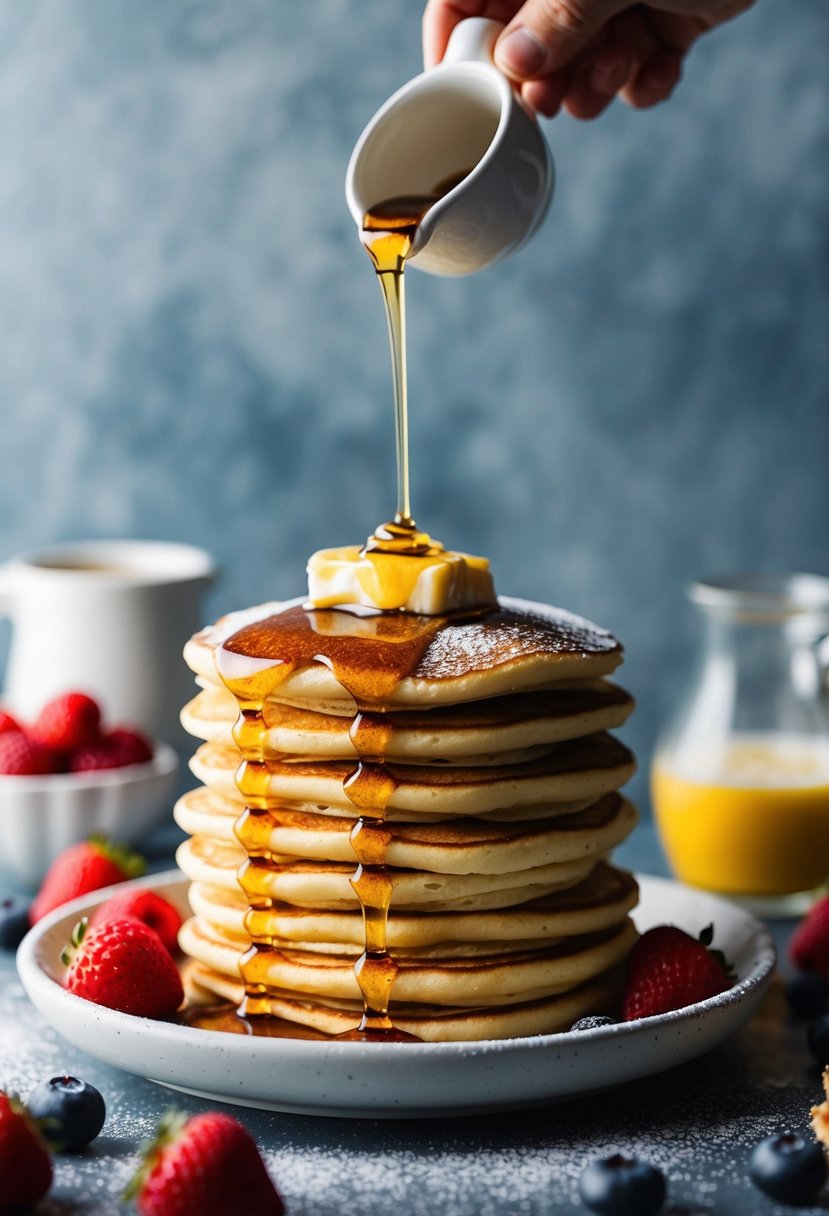 A stack of golden-brown pancakes topped with a dollop of melting butter and drizzled with maple syrup, surrounded by fresh berries and a dusting of powdered sugar