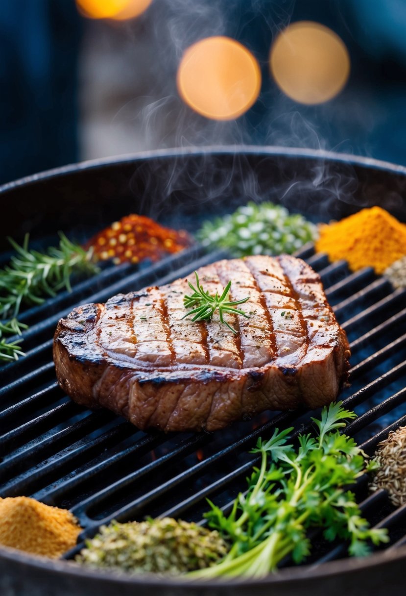 A sizzling beef steak on a hot grill, surrounded by an assortment of fresh herbs and spices