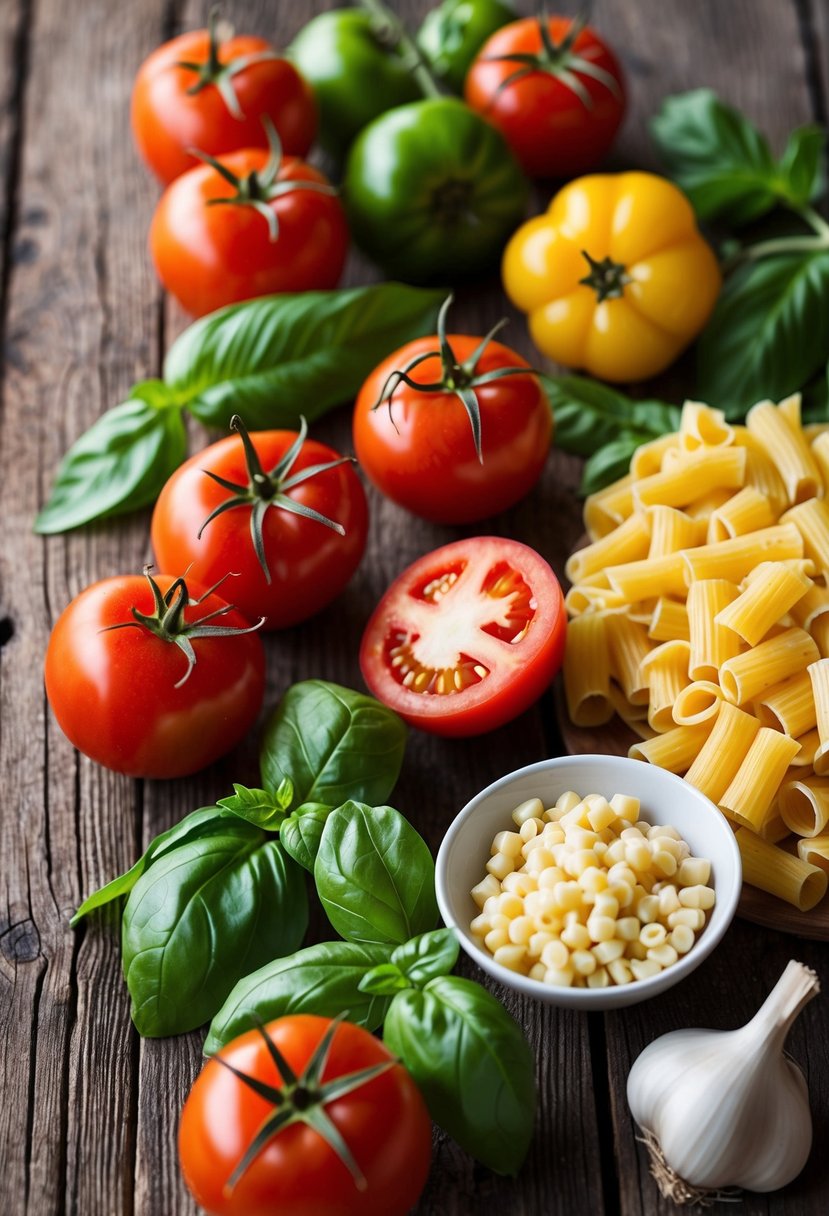 A colorful array of fresh ingredients - tomatoes, basil, garlic, and pasta - arranged on a rustic wooden table