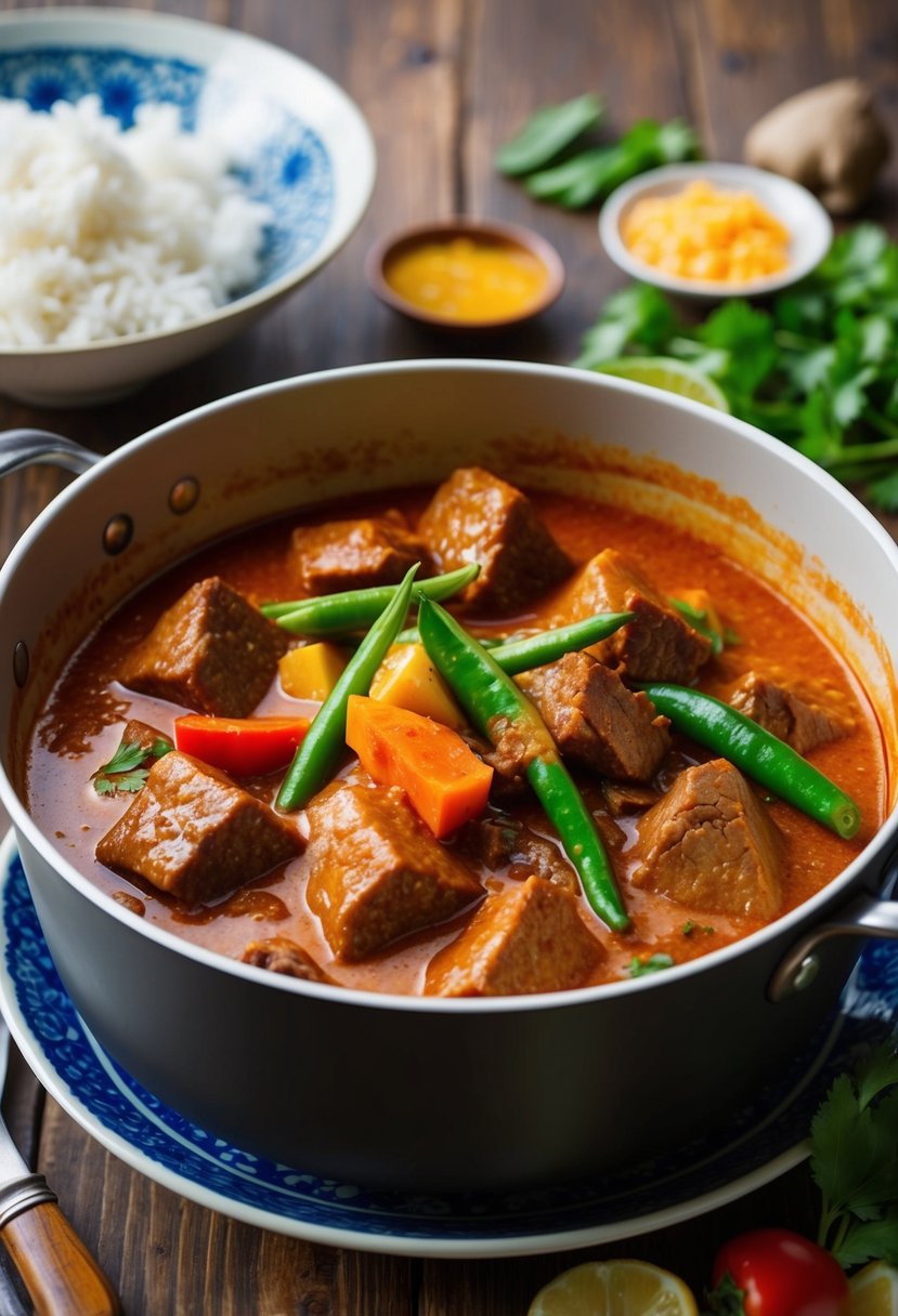 A simmering pot of Thai Red Beef Curry with chunks of tender beef, vibrant red curry sauce, and colorful vegetables