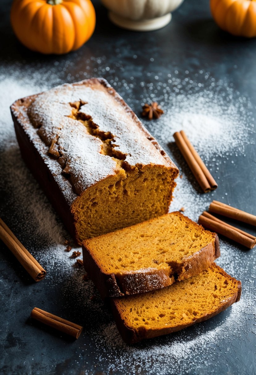 A rustic kitchen counter with a freshly baked loaf of pumpkin spice bread surrounded by scattered cinnamon sticks and a dusting of powdered sugar