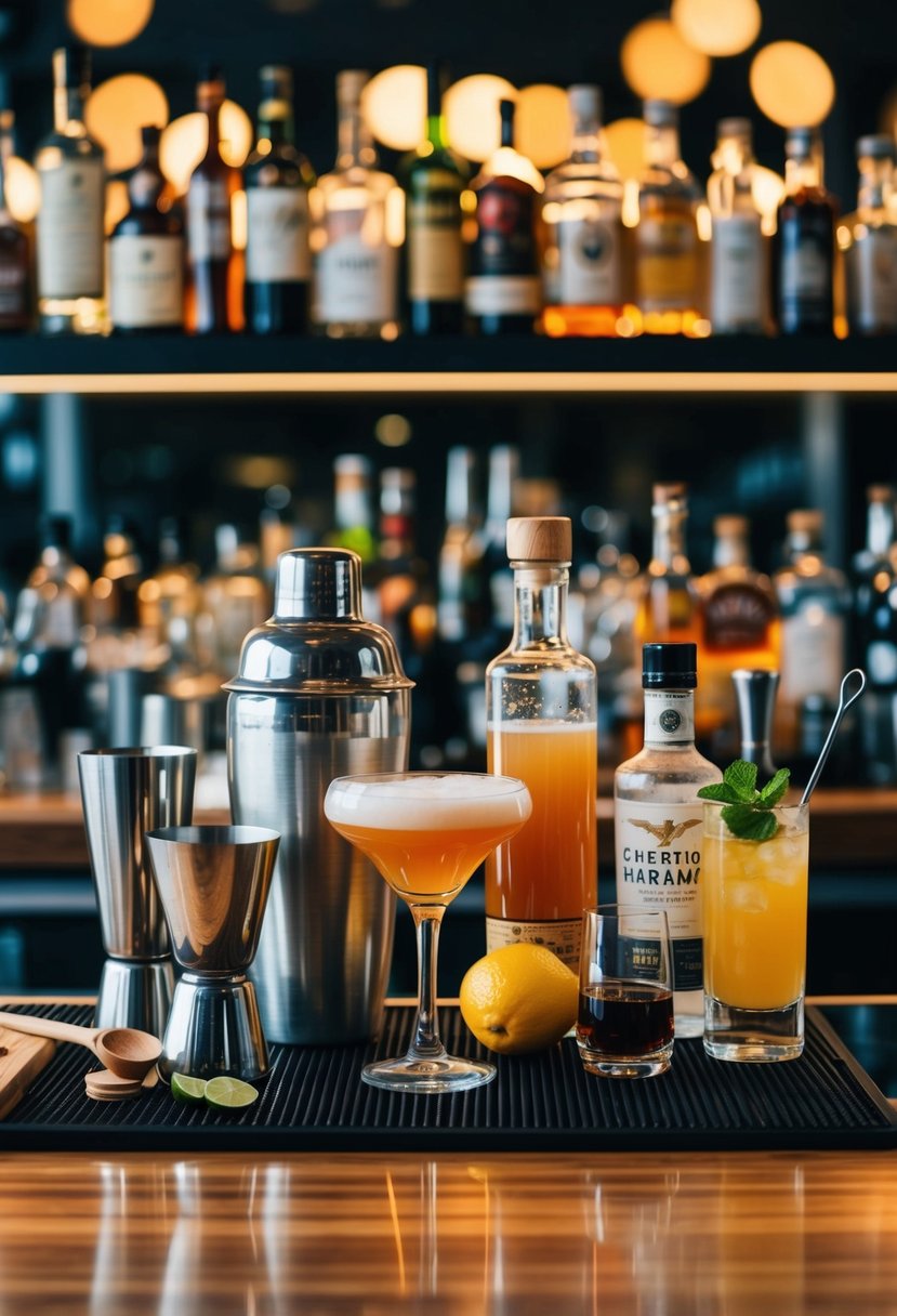 A bartop with an array of classic cocktail ingredients and tools, including shakers, glasses, and various spirits and mixers