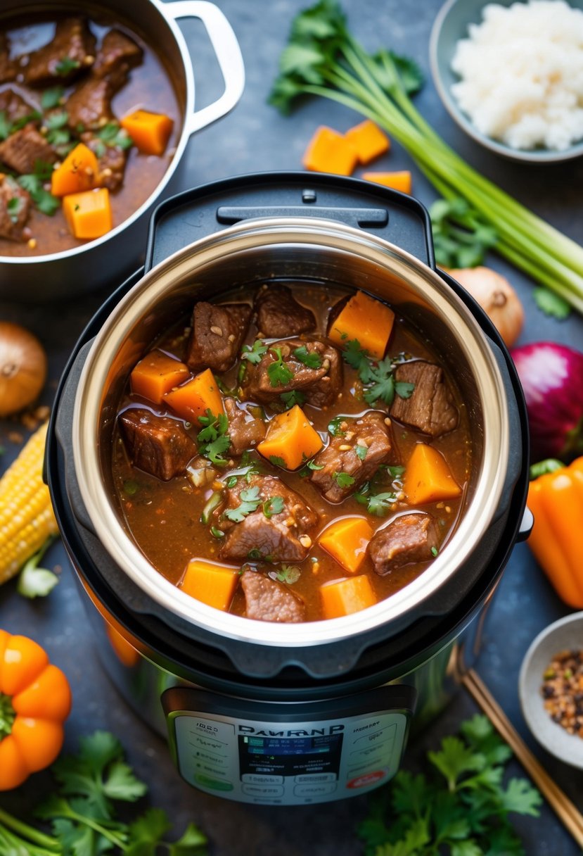 A bubbling Instant Pot filled with savory Korean beef stew surrounded by colorful vegetables and aromatic spices