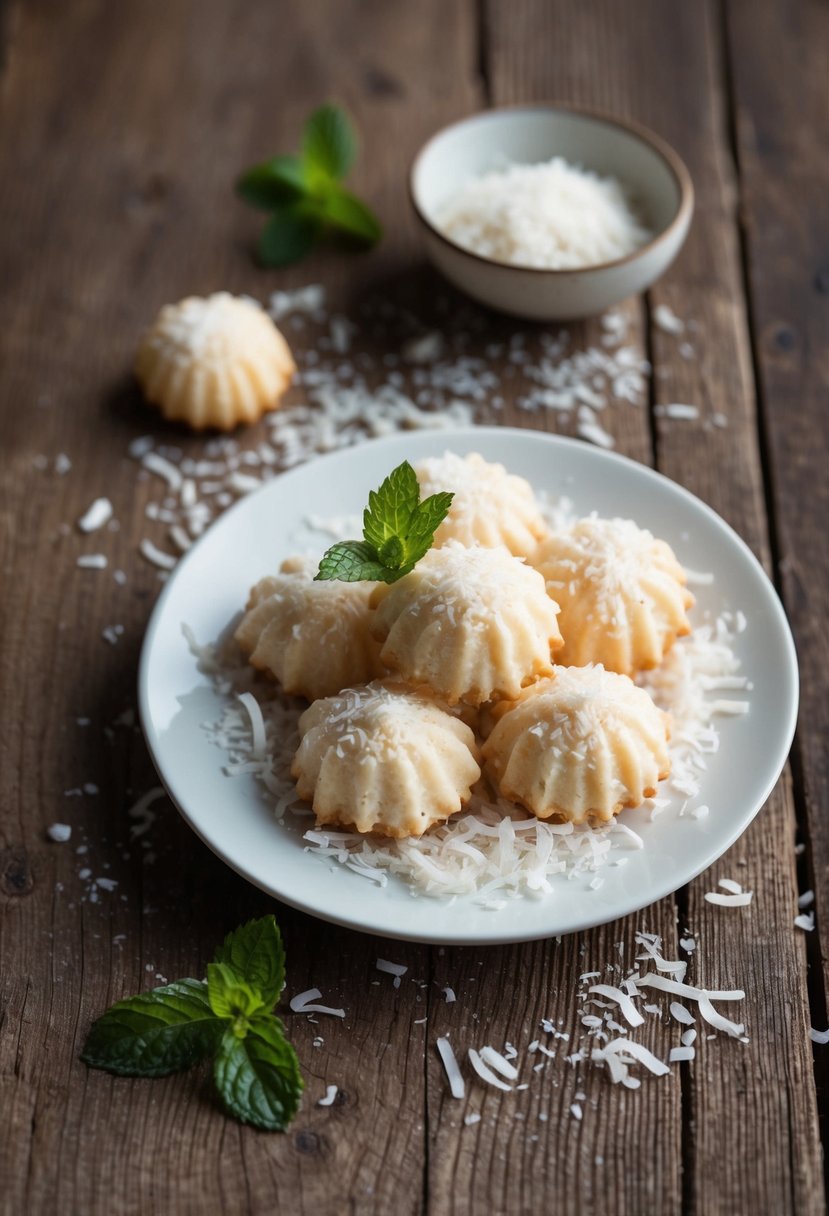 A plate of coconut macaroons surrounded by shredded coconut and a sprig of mint on a rustic wooden table