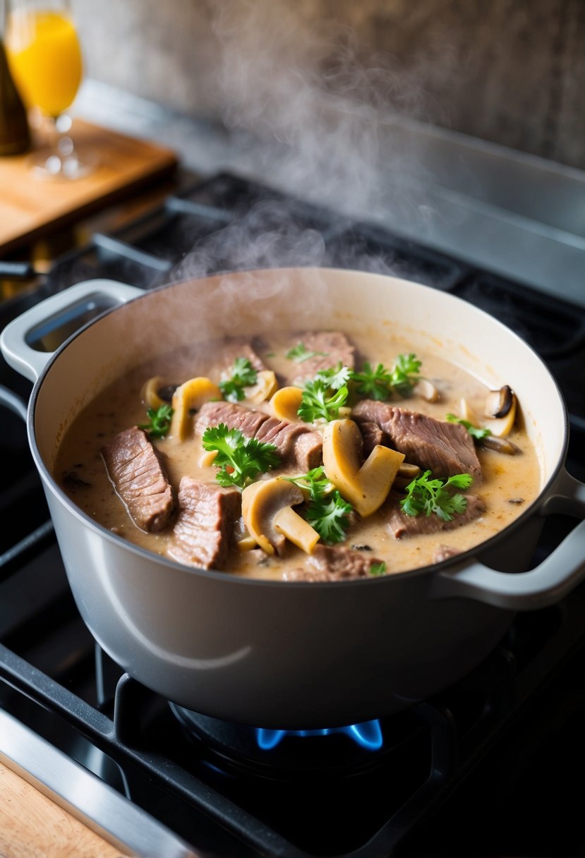 A steaming pot of beef stroganoff simmers on a stovetop, filled with tender strips of beef, creamy sauce, and fragrant mushrooms