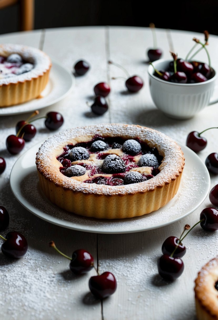 A table set with a freshly baked cherry clafoutis surrounded by scattered cherries and a dusting of powdered sugar