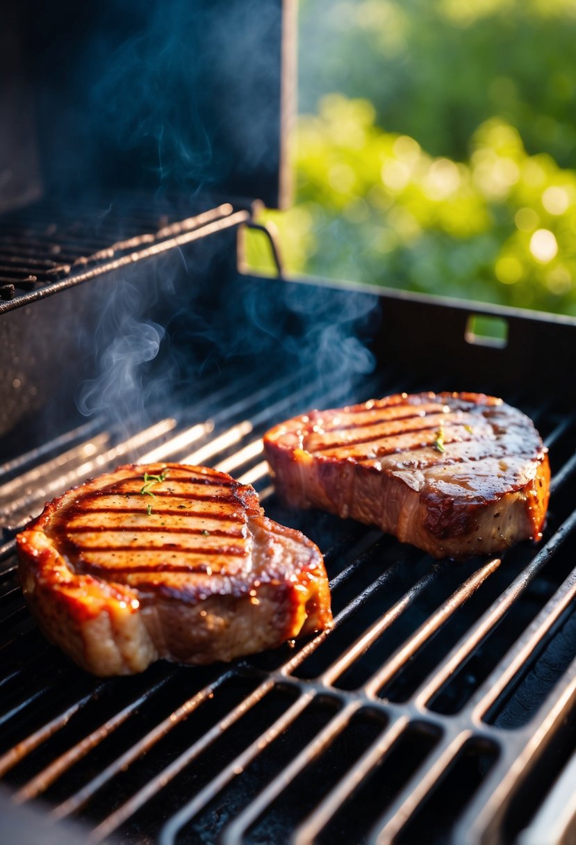 Two marinated ribeye steaks sizzling on a hot grill, emitting a mouthwatering aroma