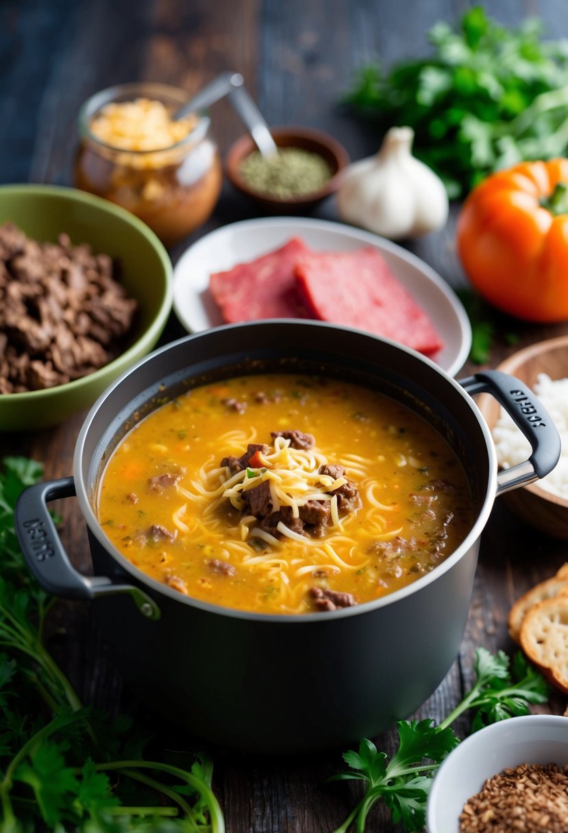 A pot of bubbling cheeseburger soup surrounded by fresh beef and ingredients