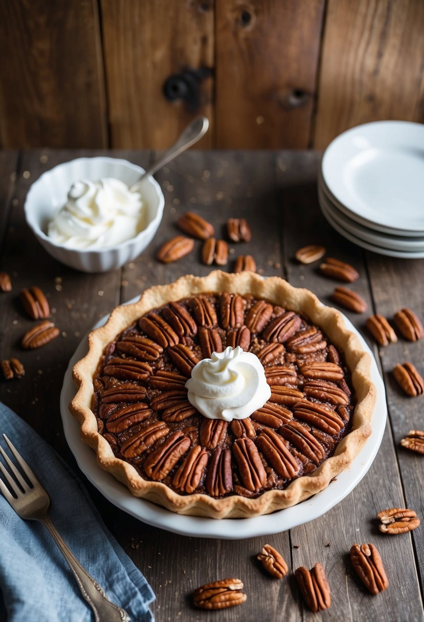 A rustic kitchen table with a freshly baked pecan pie, surrounded by scattered pecans and a dollop of whipped cream