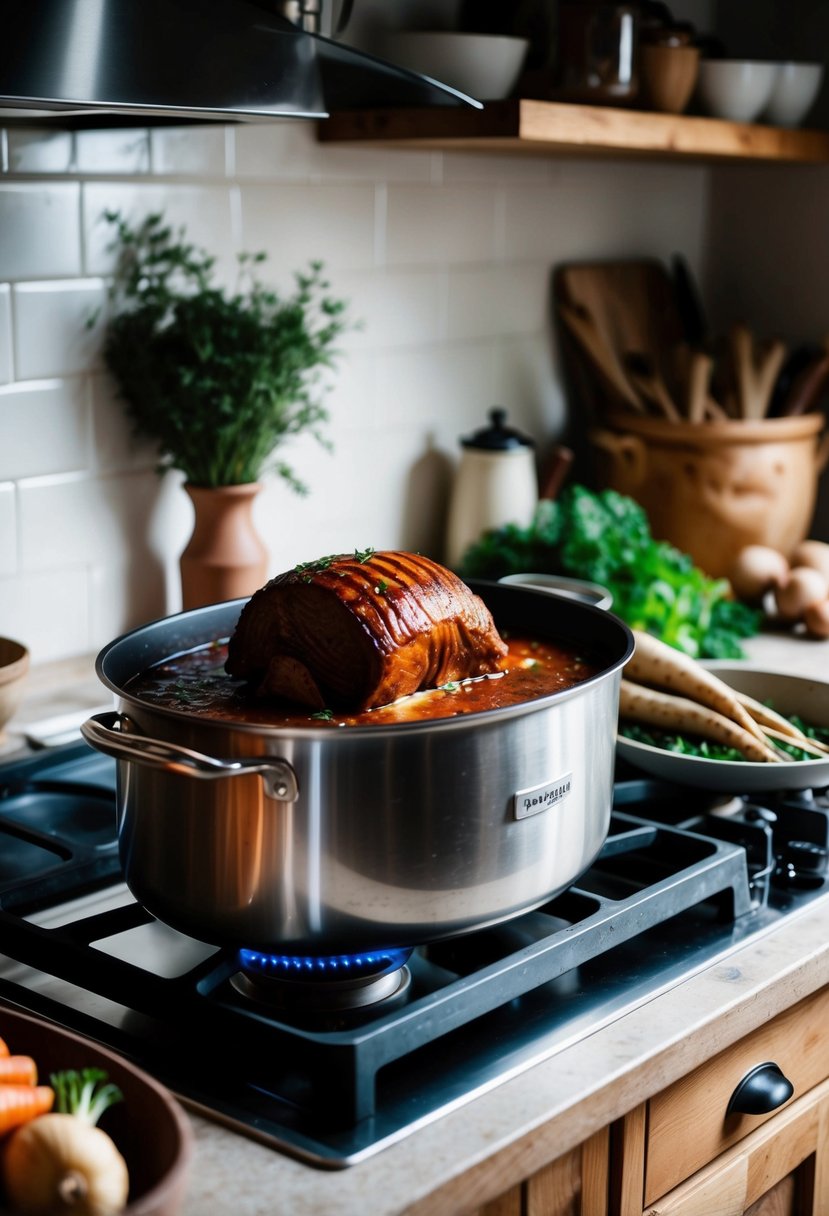 A rustic kitchen with a bubbling pot roast on a stovetop, surrounded by root vegetables and herbs