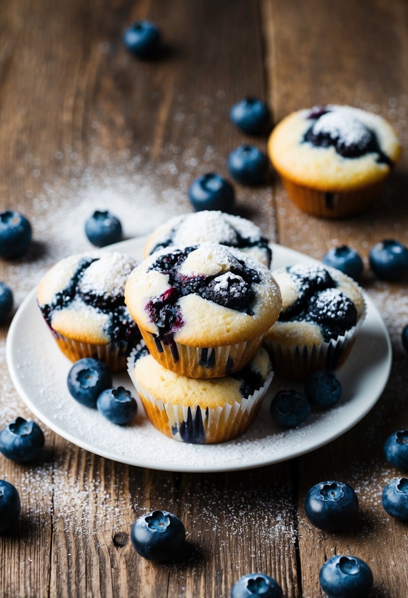 A plate of freshly baked blueberry muffins sits on a rustic wooden table, surrounded by scattered blueberries and a dusting of powdered sugar