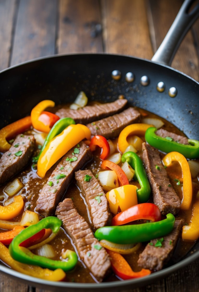 A sizzling skillet with strips of beef, colorful bell peppers, and onions cooking in a savory pepper steak stir fry sauce