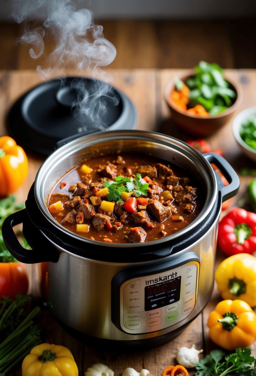 A steaming Instant Pot filled with hearty beef chili, surrounded by colorful vegetables and aromatic spices