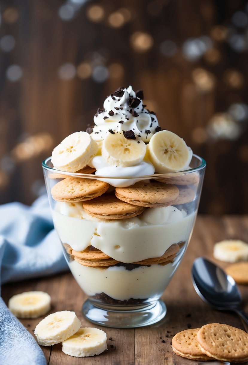 A glass bowl filled with layers of vanilla wafers, sliced bananas, and creamy pudding, topped with whipped cream and a sprinkle of crushed cookies