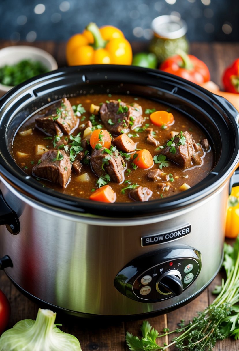 A bubbling slow cooker filled with rich, savory beef bourguignon, surrounded by fresh vegetables and herbs