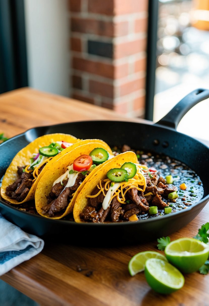 A sizzling skillet of Korean beef tacos with colorful toppings on a wooden table